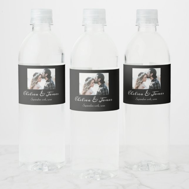 Black & White Calligraphy Photo Sparkling Wine Wed Water Bottle Label (Bottles)