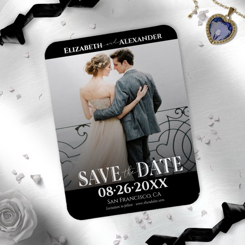 Black  White Calligraphy Save the Date Photo Magnet