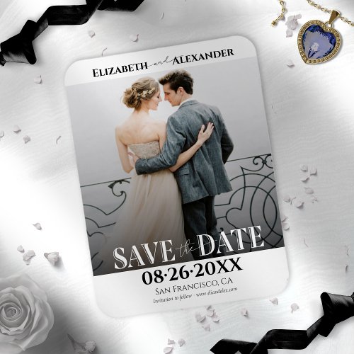 Black  White Calligraphy Save the Date Photo Magnet