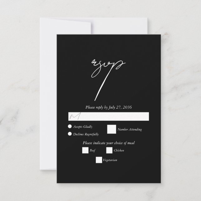 Black & White Calligraphy Signature Script Wedding RSVP Card (Front)