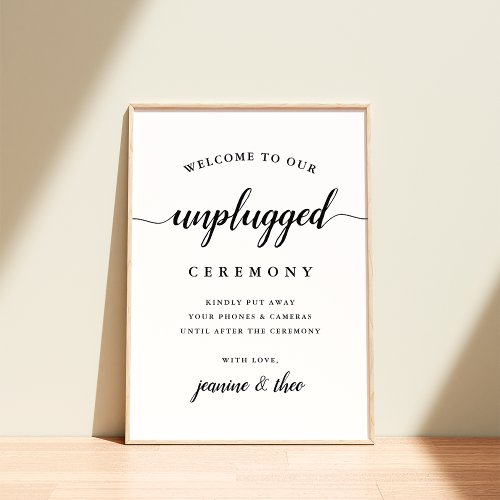 Black  White Calligraphy Unplugged Wedding Sign