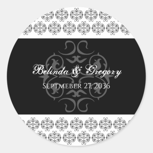 Black  White Calligraphy Vintage Damask Wedding  Classic Round Sticker