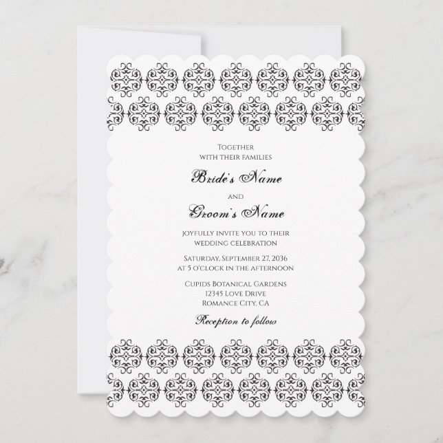 Black & White Calligraphy Vintage Damask Wedding Invitation (Front)