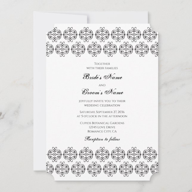 Black & White Calligraphy Vintage Damask Wedding Invitation (Front)