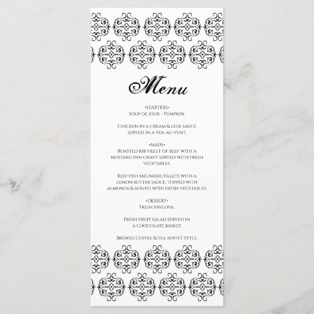 Black & White Calligraphy Vintage Damask Wedding Menu (Front)