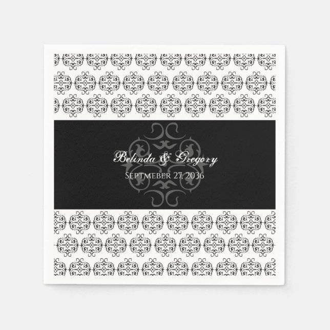 Black & White Calligraphy Vintage Damask Wedding Napkins (Front)