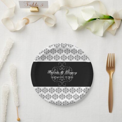 Black  White Calligraphy Vintage Damask Wedding Paper Plates