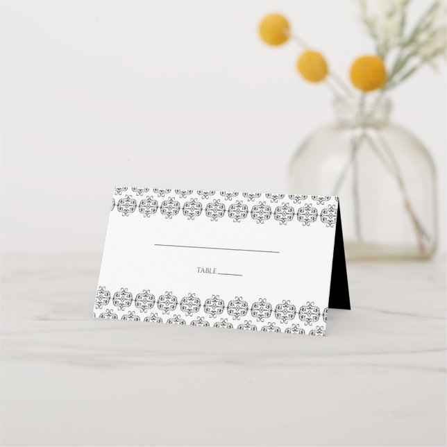 Black & White Calligraphy Vintage Damask Wedding Place Card (Front)