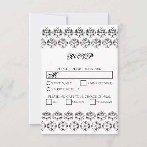 Black  White Calligraphy Vintage Damask Wedding RSVP Card