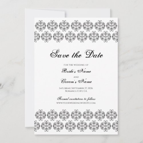 Black  White Calligraphy Vintage Damask Wedding Save The Date