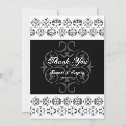 Black  White Calligraphy Vintage Damask Wedding Thank You Card