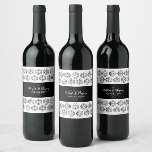 Black  White Calligraphy Vintage Damask Wedding   Wine Label