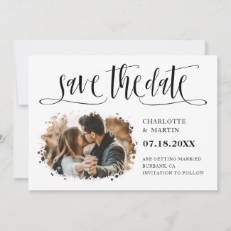 Black White Calligraphy Wedding 2 Splatter Photo Save The Date