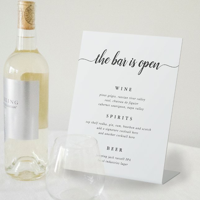 Black & White Calligraphy Wedding Bar Menu Pedestal Sign (Creator Uploaded)