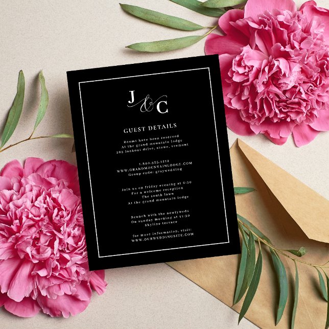 Black & White Calligraphy Wedding Details Enclosure Card (Black and white calligraphy details cards add timeless elegance while sharing key wedding info.)