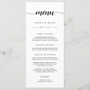 Black & White Calligraphy Wedding Menu Card | Zazzle