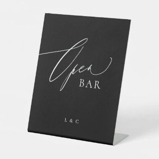 Black White Calligraphy Wedding Open Bar Pedestal Sign