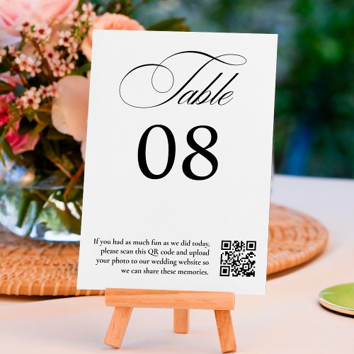 Black white calligraphy wedding QR code Table Number