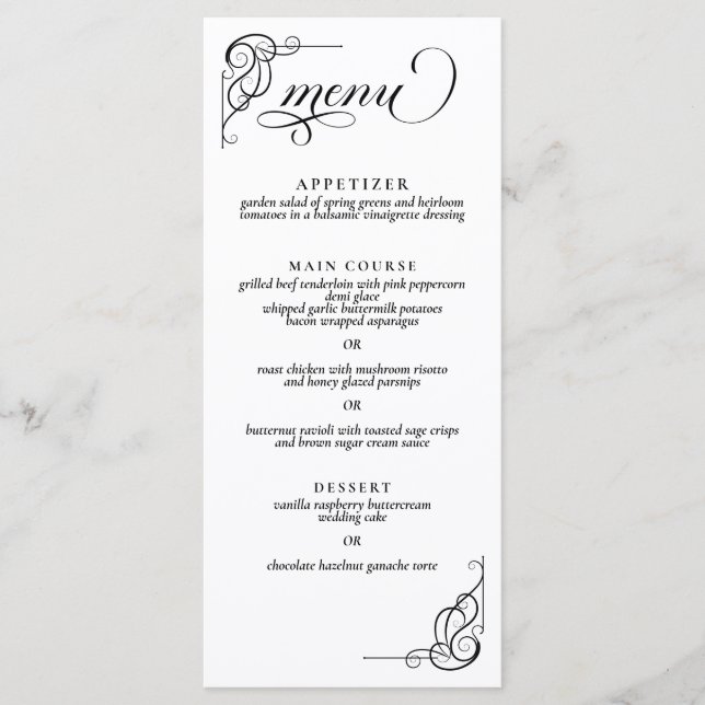 Black & White Calligraphy Wedding Reception Menu  (Front)