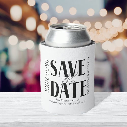 Black  White Calligraphy Wedding Save the Date Can Cooler