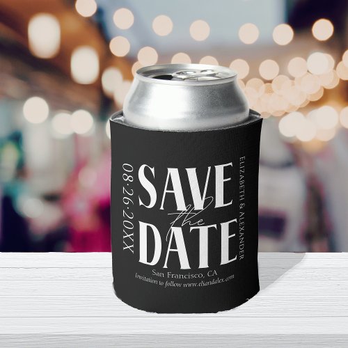 Black  White Calligraphy Wedding Save the Date Can Cooler