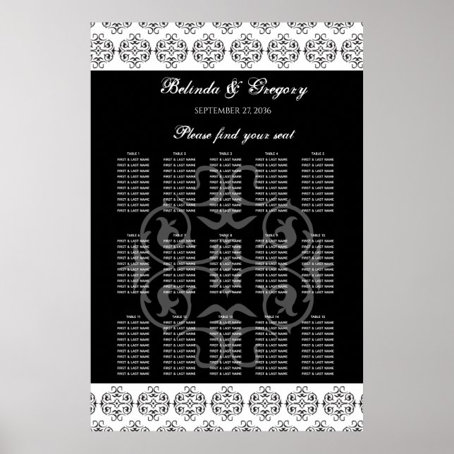 Black & White Calligraphy Wedding Seating Chart (Front)