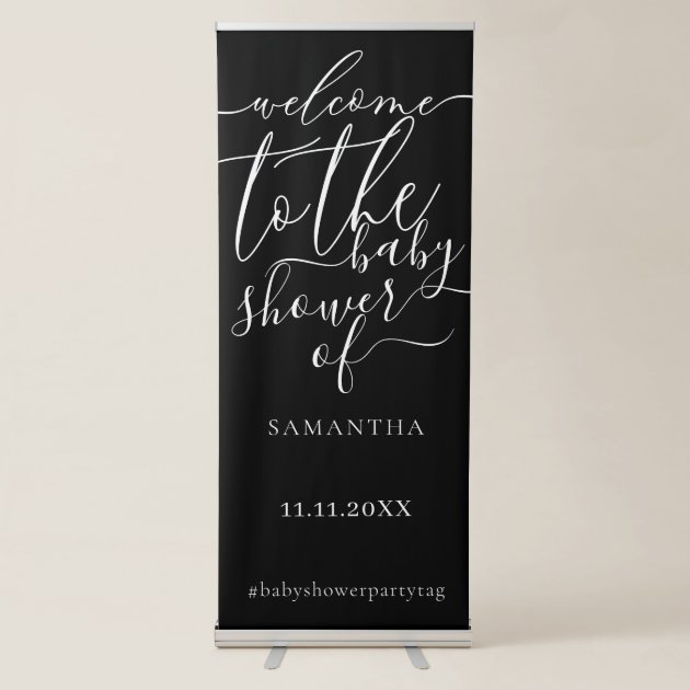 Black White Calligraphy Welcome to the baby shower Retractable Banner