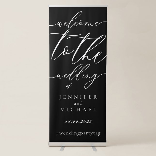 Black White Calligraphy Welcome to the wedding Retractable Banner (Front)