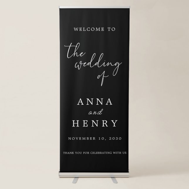 Black & White Calligraphy Welcome Wedding  Retractable Banner (Front)