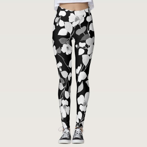 BLACK WHITE CAMELLIAS AND LEAVES  Japanese Floral Leggings