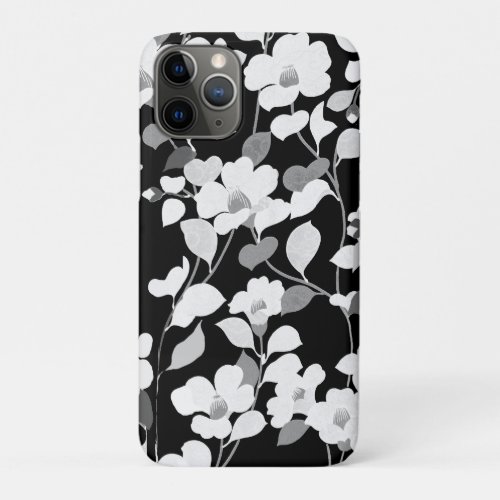 BLACK WHITE CAMELLIAS LEAVES Dark Floral iPhone 11 Pro Case