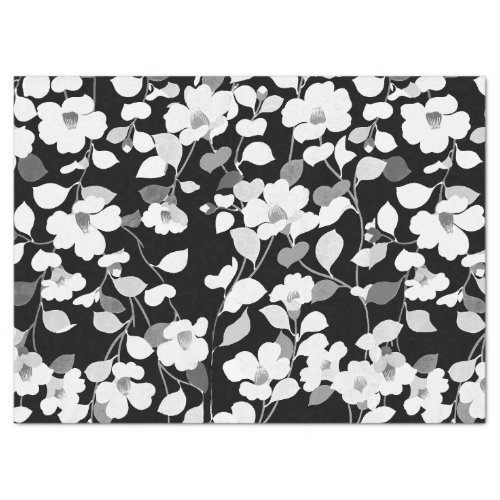 BLACK WHITE CAMELLIAS LEAVES Dark Floral Tissue Paper