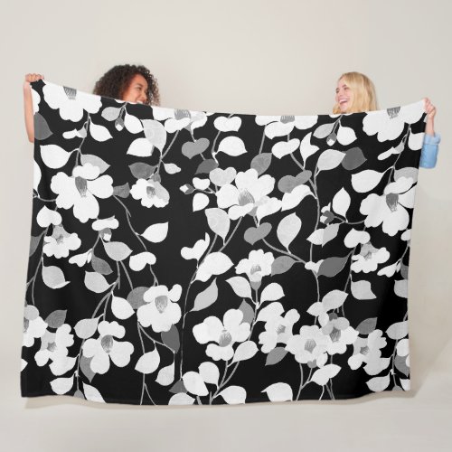 BLACK WHITE CAMELLIAS LEAVESFOLIAGE Dark Floral Fleece Blanket