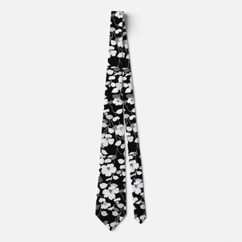 BLACK WHITE CAMELLIAS LEAVESFOLIAGE Dark Floral Neck Tie