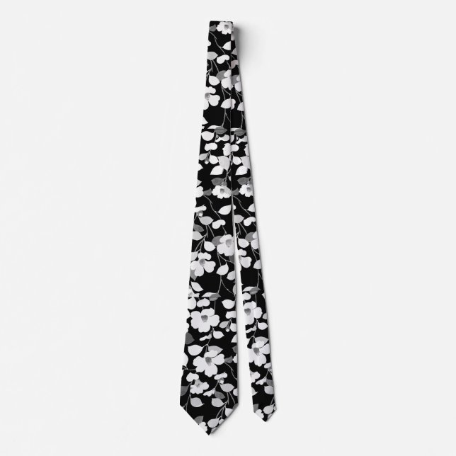 BLACK WHITE CAMELLIAS, LEAVES,FOLIAGE, Dark Floral Neck Tie (Front)