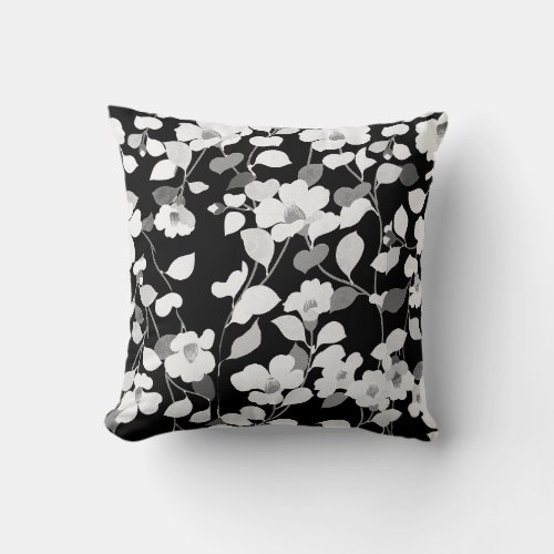 BLACK WHITE CAMELLIASLEAVES Monochrome  Floral Throw Pillow