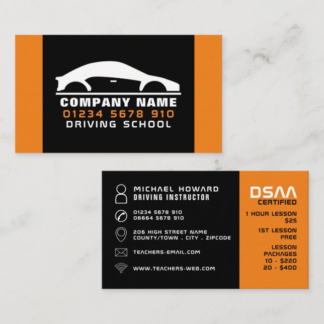Black & White Car Logo, Driving School, Instructor Business Card (Front/Back)
