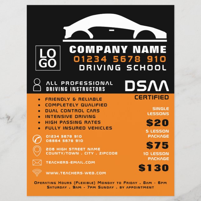 Black & White Car Logo, Driving School, Instructor Flyer (Front)