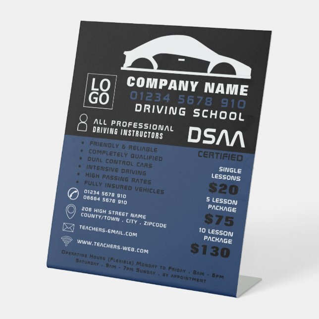 Black & White Car Logo, Driving School, Instructor Pedestal Sign (Front)