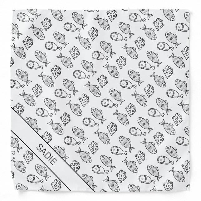Black & White Cartoon Fish, Meat & Cheese Pattern Bandana (Front)