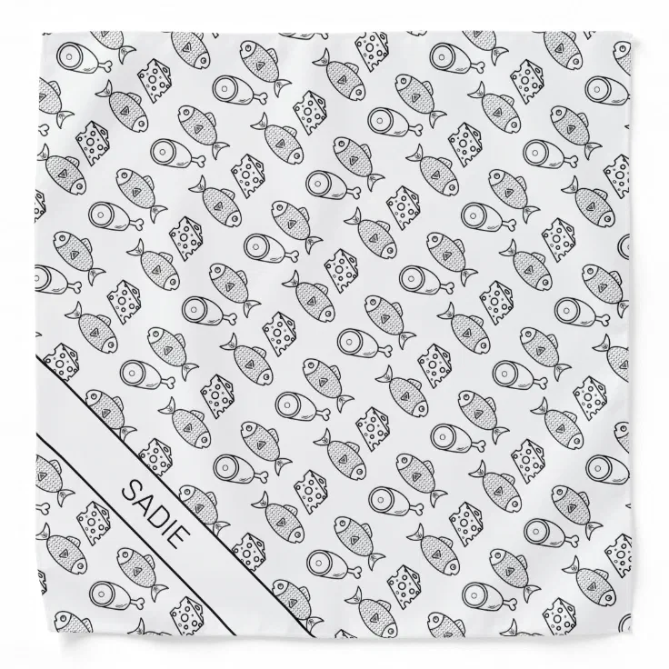 Black & White Cartoon Fish, Meat & Cheese Pattern Bandana | Zazzle Black & White Cartoon Fish, Meat & Cheese Pattern Bandana | Zazzle