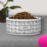 Black & White Cartoon Fish, Meat & Cheese Pattern Bowl<br><div class="desc">Destei's original cartoon pattern of a fish,  meat and cheese slice in black color line art. There is also a personalizable text area for a name.</div>