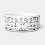 Black & White Cartoon Fish, Meat & Cheese Pattern Bowl<br><div class="desc">Destei's original cartoon pattern of a fish,  meat and cheese slice in black color line art. There is also a personalizable text area for a name.</div>