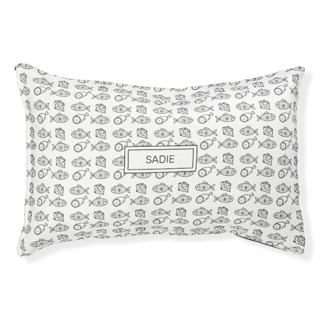 Black & White Cartoon Fish, Meat & Cheese Pattern Pet Bed (Front)
