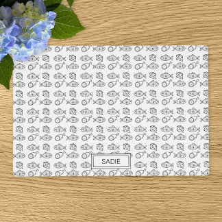 Black & White Cartoon Fish, Meat & Cheese Pattern Placemat