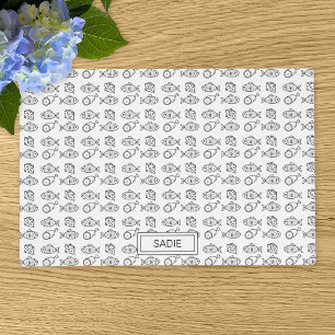 Black & White Cartoon Fish, Meat & Cheese Pattern Placemat
