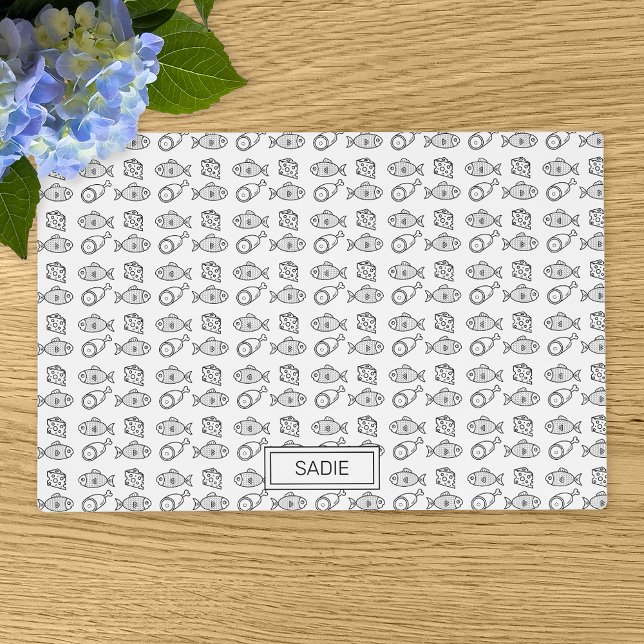 Black & White Cartoon Fish, Meat & Cheese Pattern Placemat (Creator Uploaded)