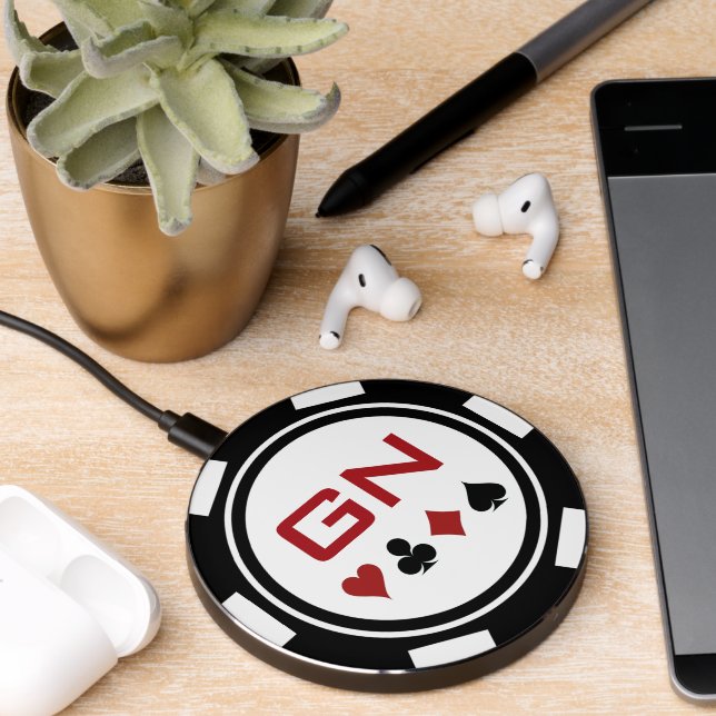 Black White Casino Poker Chip Monogram Wireless Charger (Desk 2)