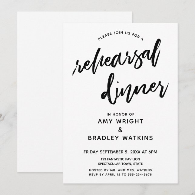 Black White Casual Handwriting Rehearsal Dinner Invitation (Front/Back)