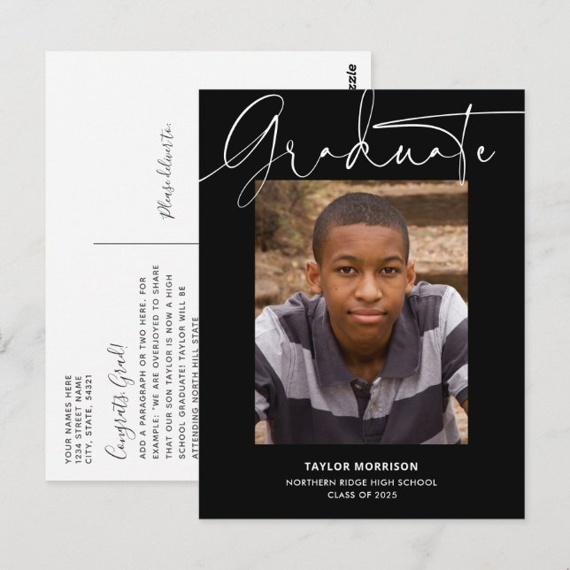 Black & White Casual Script Photo Graduation Party Postcard (Front/Back)